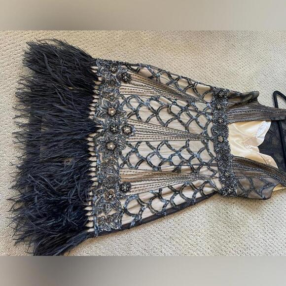 SUE WONG Black & nude beaded, sequin ostrich feather dress - Picture 9 of 9